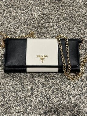 Prada Black and White Saffiano Wallet with added unbranded insert and Gold Chain